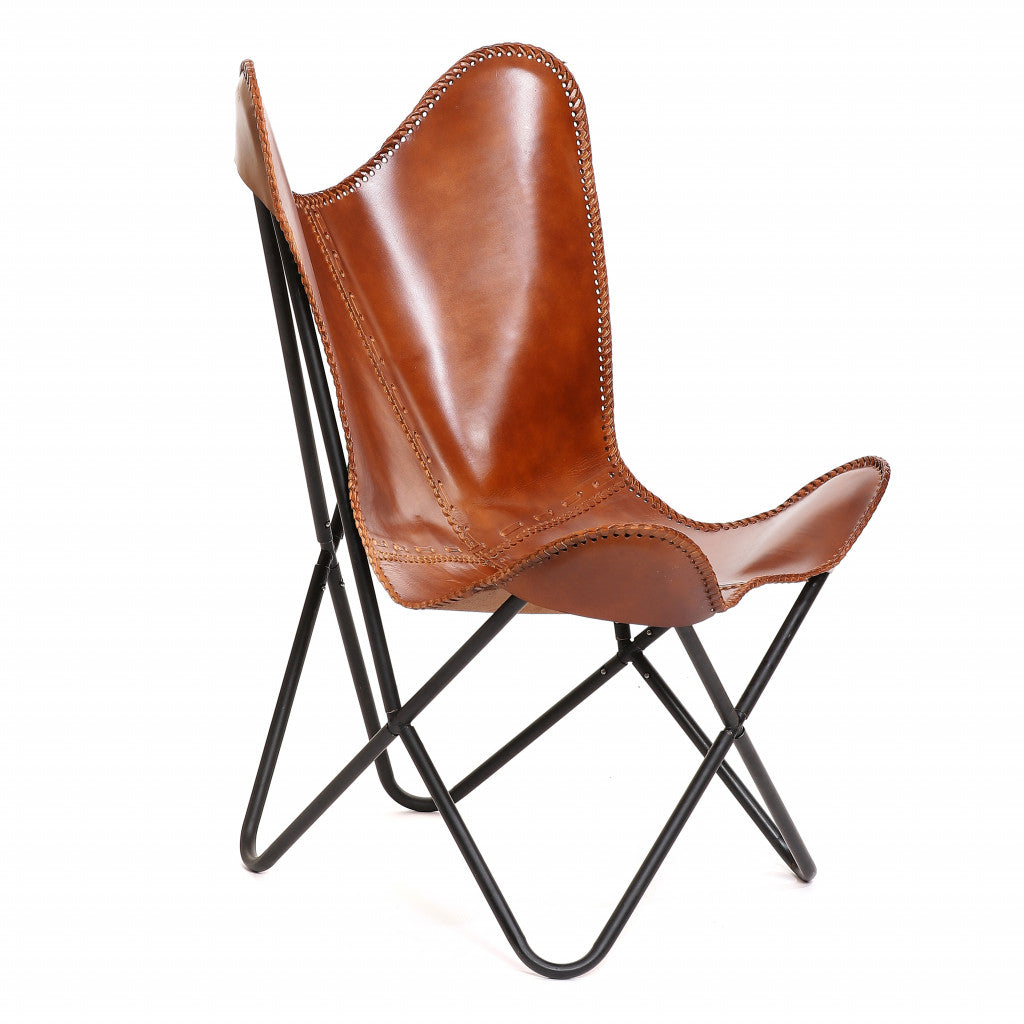 32" Brown and Black Genuine Leather Butterfly Chair-1