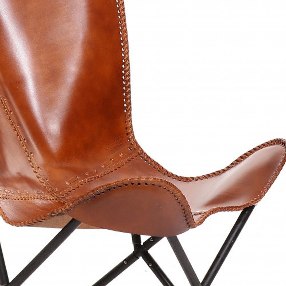 32" Brown and Black Genuine Leather Butterfly Chair-2