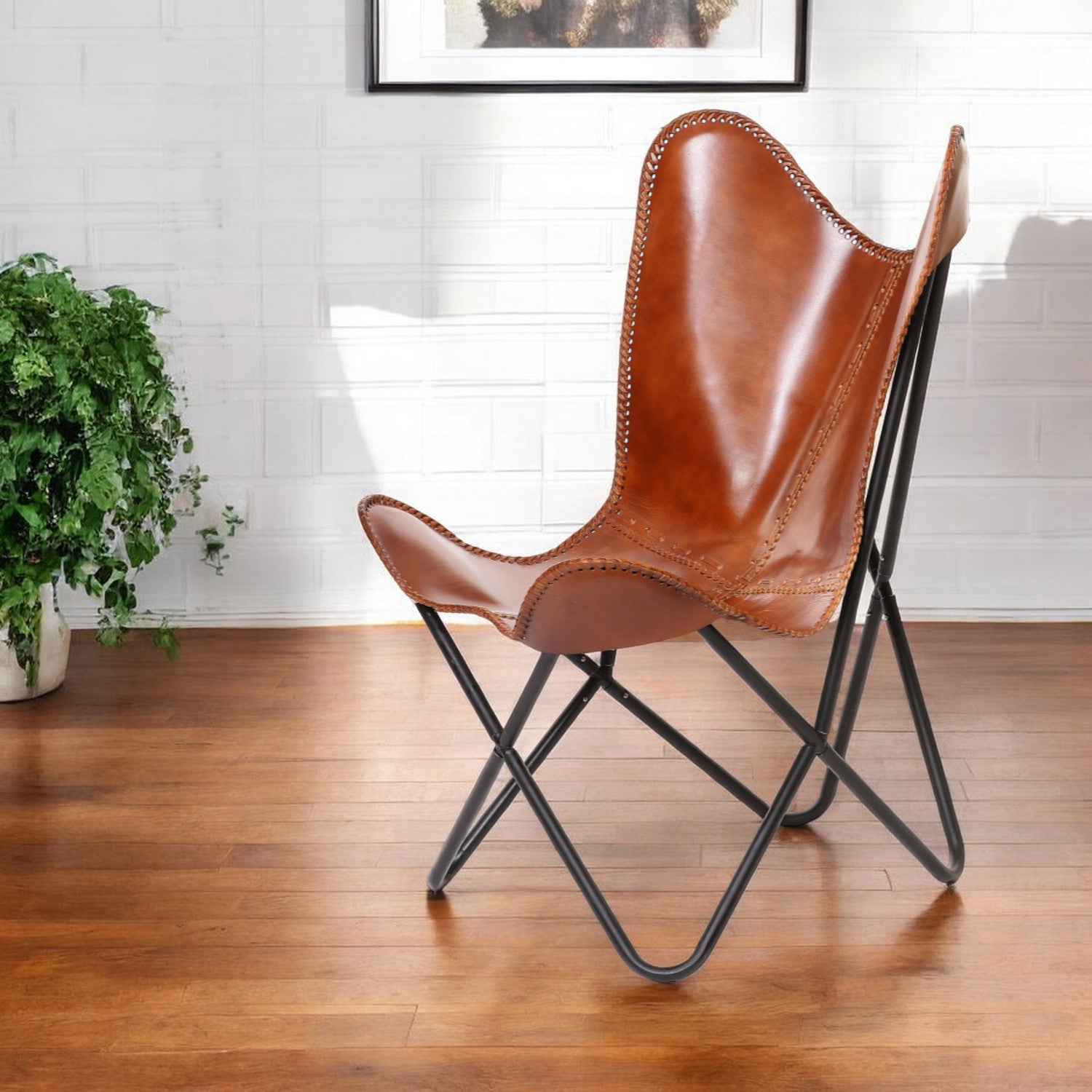 32" Brown and Black Genuine Leather Butterfly Chair-0