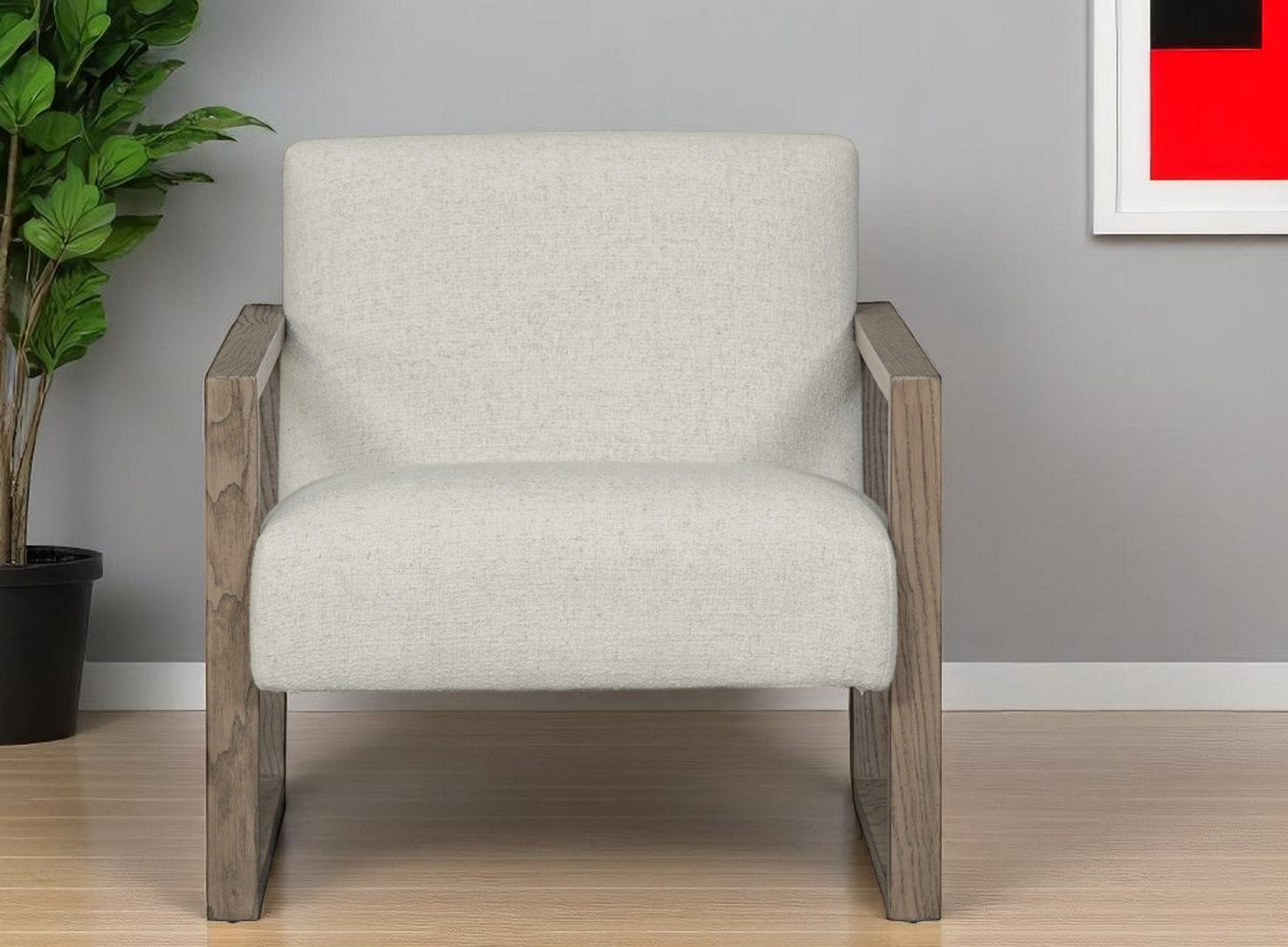 28" Beige and Ash Gray Fabric And Wood Arm Chair-0