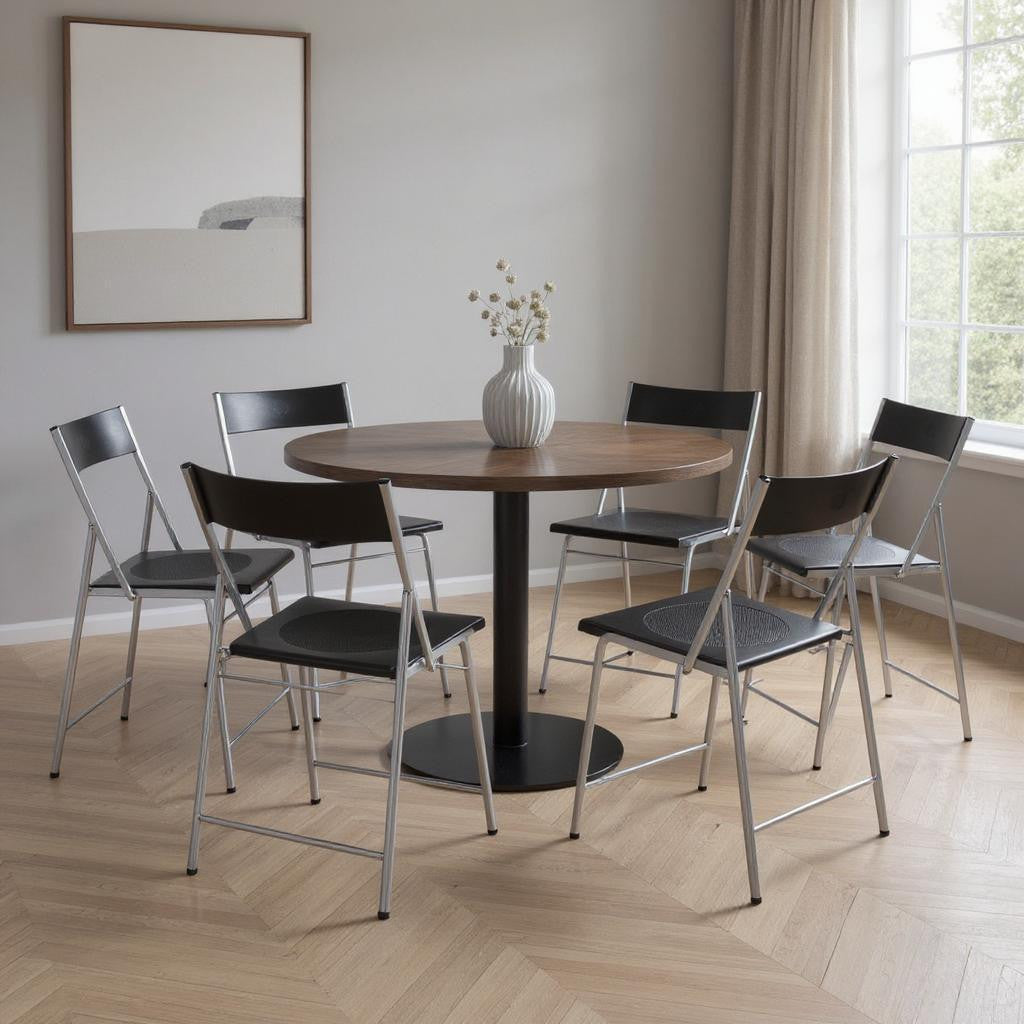 Set of Six Black and Silver Folding Side Chairs-0