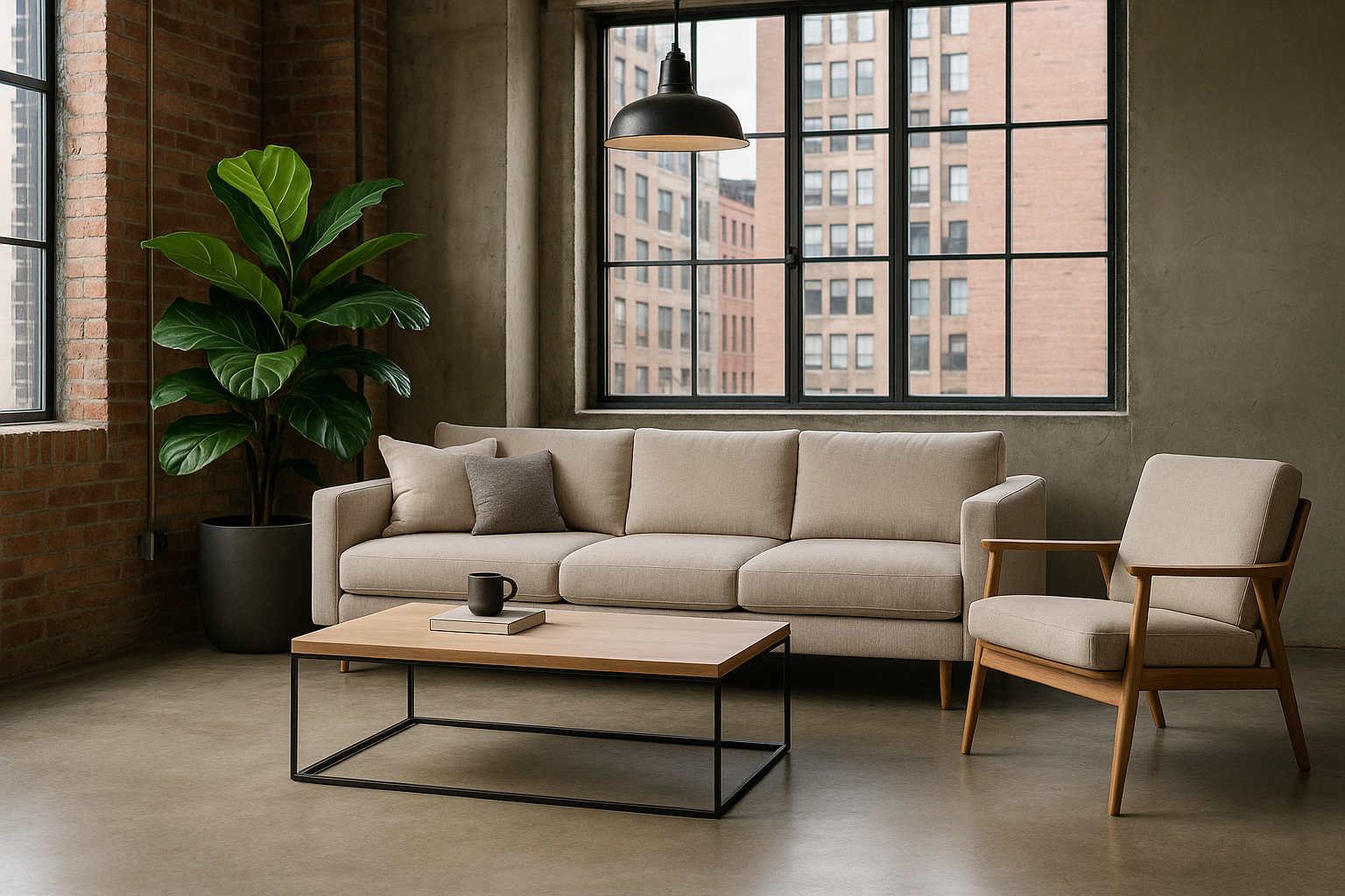 Kreire mir ein Bild für die Startseite meines Onlineshops. Es soll eine Couch, ein Sessel, ein Couchtisch & eine Pflanze zu sehen sein. Der Stil soll modern & urban sein